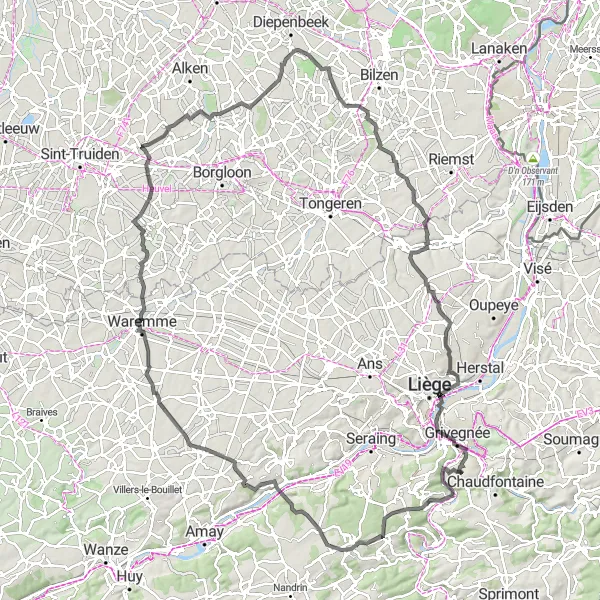 Map miniature of "Chaudfontaine to Rukkelingen-Loon Loop" cycling inspiration in Prov. Liège, Belgium. Generated by Tarmacs.app cycling route planner