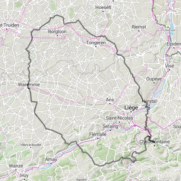 Miniature de la carte de l'inspiration cycliste "Châteaux et Abbayes en Condroz" dans la Prov. Liège, Belgium. Générée par le planificateur d'itinéraire cycliste Tarmacs.app