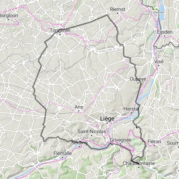 Map miniature of "Headwind Challenge and Historic Charms" cycling inspiration in Prov. Liège, Belgium. Generated by Tarmacs.app cycling route planner