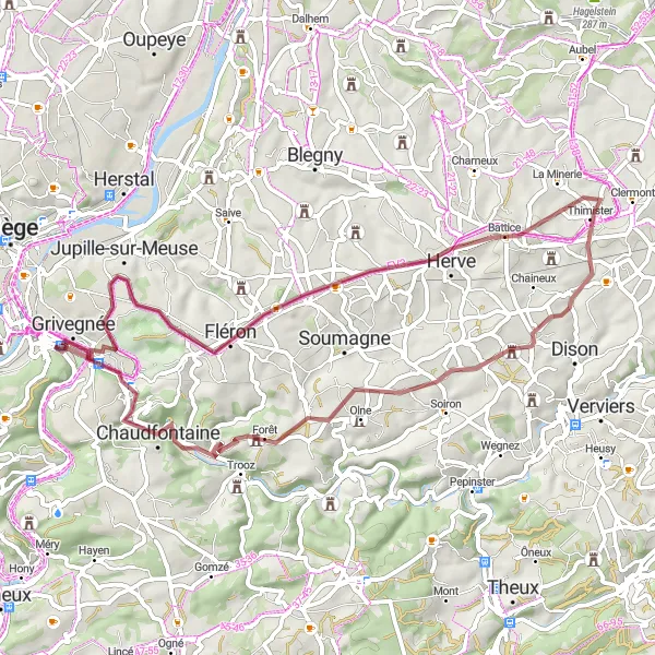 Miniature de la carte de l'inspiration cycliste "Les Sentiers Secrets de Liège" dans la Prov. Liège, Belgium. Générée par le planificateur d'itinéraire cycliste Tarmacs.app