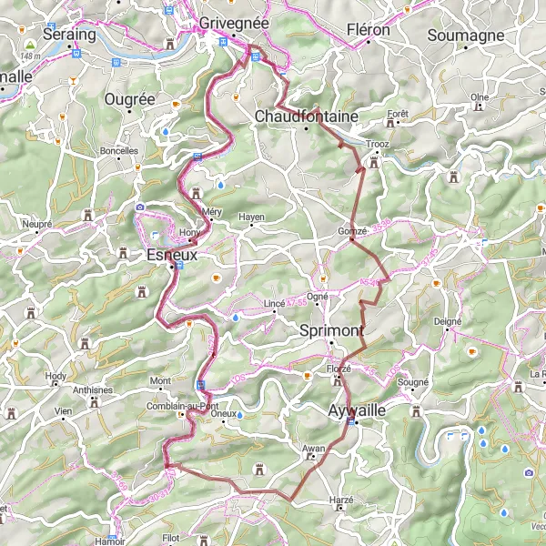 Miniatuurkaart van de fietsinspiratie "Gravelroute naar Comblain-la-Tour en Château de Lavaux" in Prov. Liège, Belgium. Gemaakt door de Tarmacs.app fietsrouteplanner