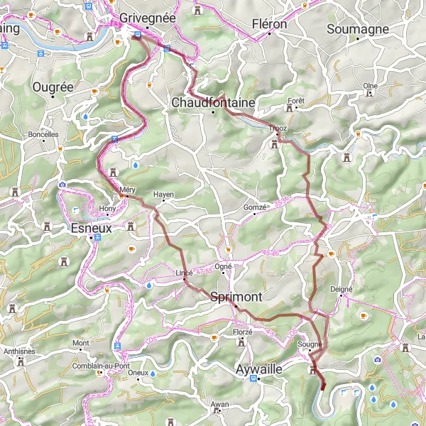 Miniature de la carte de l'inspiration cycliste "Boucle pittoresque vers la vallée de l'Ourthe" dans la Prov. Liège, Belgium. Générée par le planificateur d'itinéraire cycliste Tarmacs.app