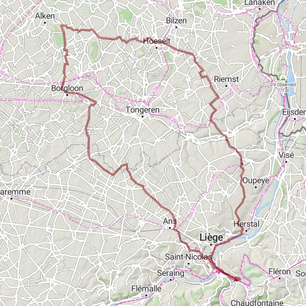Miniatuurkaart van de fietsinspiratie "Gravelroute richting Vechmaal en Hoeselt" in Prov. Liège, Belgium. Gemaakt door de Tarmacs.app fietsrouteplanner
