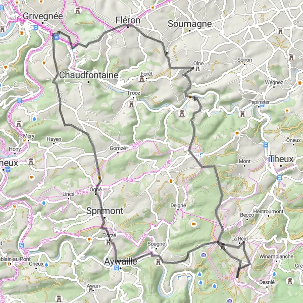 Miniature de la carte de l'inspiration cycliste "Les Châteaux de Liège" dans la Prov. Liège, Belgium. Générée par le planificateur d'itinéraire cycliste Tarmacs.app
