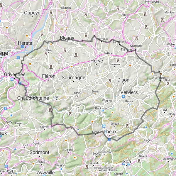 Miniature de la carte de l'inspiration cycliste "Tour de Liège en Boucle" dans la Prov. Liège, Belgium. Générée par le planificateur d'itinéraire cycliste Tarmacs.app