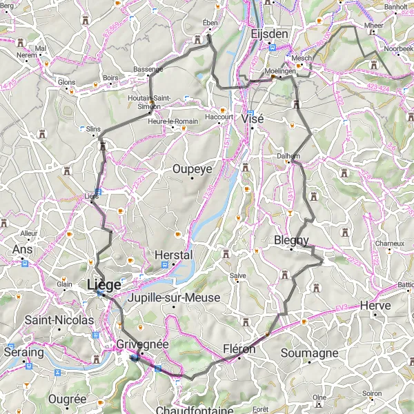 Miniature de la carte de l'inspiration cycliste "Boucle vers Vaux-sous-Chèvremont" dans la Prov. Liège, Belgium. Générée par le planificateur d'itinéraire cycliste Tarmacs.app
