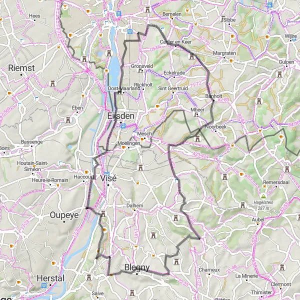 Miniatuurkaart van de fietsinspiratie "Rit door het heuvelachtige landschap van Limburg" in Prov. Liège, Belgium. Gemaakt door de Tarmacs.app fietsrouteplanner