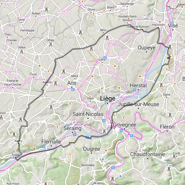 Miniatuurkaart van de fietsinspiratie "Rondrit vanuit Cheratte naar Hermalle-sous-Argenteau" in Prov. Liège, Belgium. Gemaakt door de Tarmacs.app fietsrouteplanner