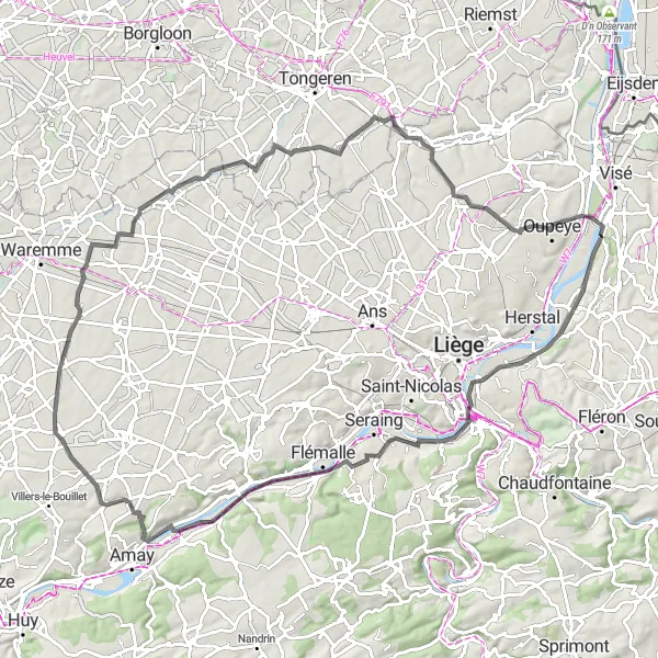 Map miniature of "Cheratte - Château Sarolea - Château de Sclessin - Flône - Bergilers - Rutten - Hermalle-sous-Argenteau" cycling inspiration in Prov. Liège, Belgium. Generated by Tarmacs.app cycling route planner