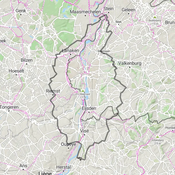 Map miniature of "Cheratte - Heure-le-Romain - Riemst - Boorsem - Penderjansknub - Geulhem - Bruisterbosch - Cheratte" cycling inspiration in Prov. Liège, Belgium. Generated by Tarmacs.app cycling route planner