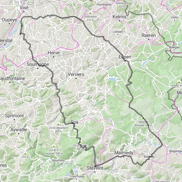 Map miniature of "Cheratte - Château des Pontpierre-Méan - Reesberg - Güterwaggon - Moorenhöhe - Signal de Botrange - Sourbrodt - Waimes - Belvédère La Tournante Roche - Stavelot - Col du Rosier - Pepinster - Terril du Bas-Bois - Barchon" cycling inspiration in Prov. Liège, Belgium. Generated by Tarmacs.app cycling route planner