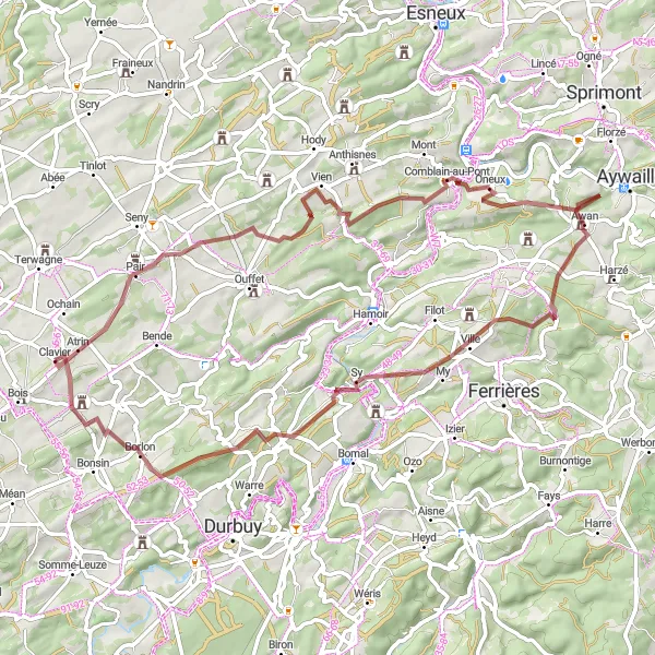 Map miniature of "Scenic Gravel Route to Clavier" cycling inspiration in Prov. Liège, Belgium. Generated by Tarmacs.app cycling route planner