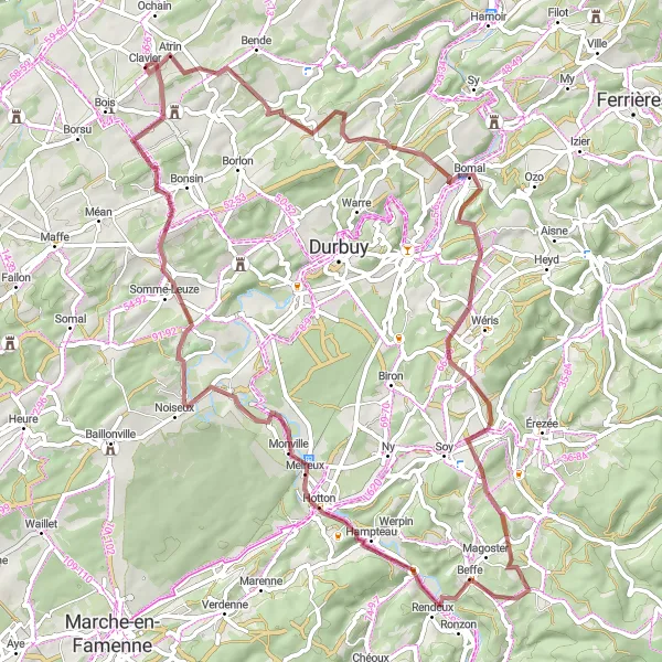Map miniature of "Gravel Route to Clavier" cycling inspiration in Prov. Liège, Belgium. Generated by Tarmacs.app cycling route planner