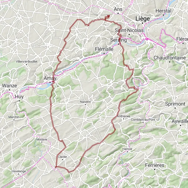Map miniature of "Challenging Gravel Route to Clavier" cycling inspiration in Prov. Liège, Belgium. Generated by Tarmacs.app cycling route planner