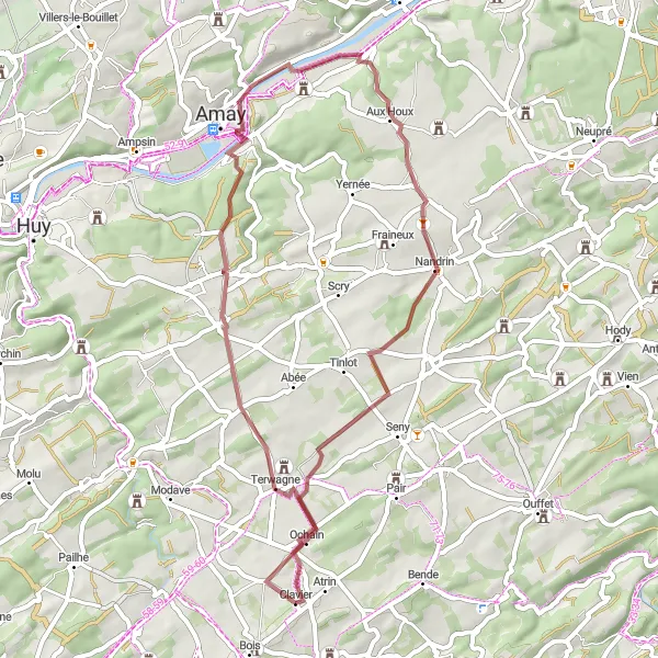 Map miniature of "Short Gravel Route to Clavier" cycling inspiration in Prov. Liège, Belgium. Generated by Tarmacs.app cycling route planner