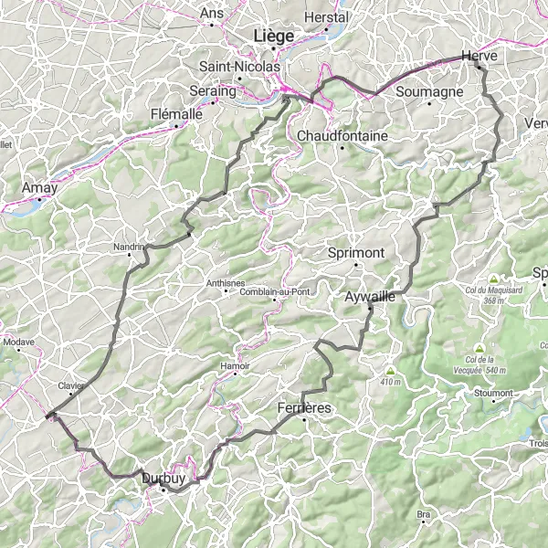 Map miniature of "Road Route to Clavier" cycling inspiration in Prov. Liège, Belgium. Generated by Tarmacs.app cycling route planner