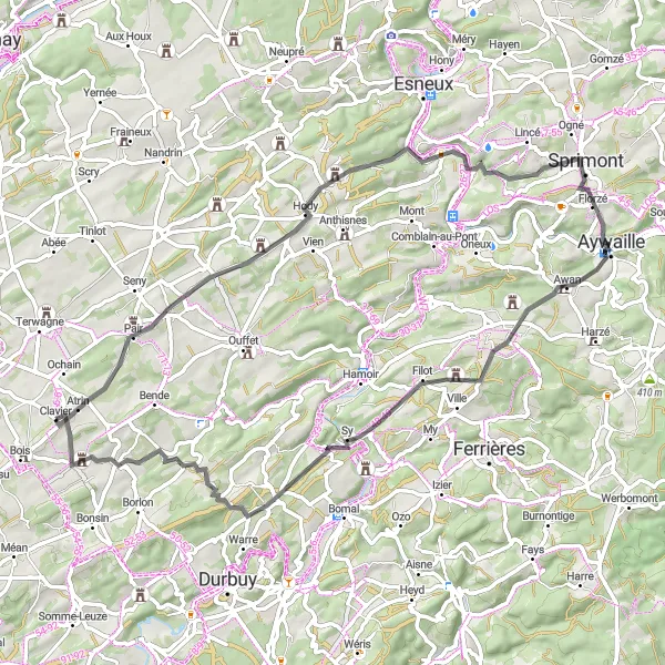 Map miniature of "Hody Loop | 66 km Road Cycling Route near Clavier" cycling inspiration in Prov. Liège, Belgium. Generated by Tarmacs.app cycling route planner