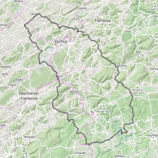 Miniature de la carte de l'inspiration cycliste "Les Hauteurs de l'Ourthe" dans la Prov. Liège, Belgium. Générée par le planificateur d'itinéraire cycliste Tarmacs.app