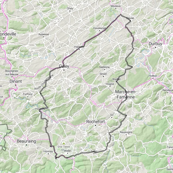 Map miniature of "The Castle Tour" cycling inspiration in Prov. Liège, Belgium. Generated by Tarmacs.app cycling route planner