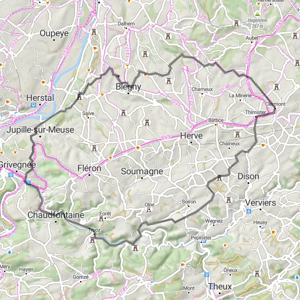Map miniature of "Road Cycling Tour with Spectacular Views" cycling inspiration in Prov. Liège, Belgium. Generated by Tarmacs.app cycling route planner