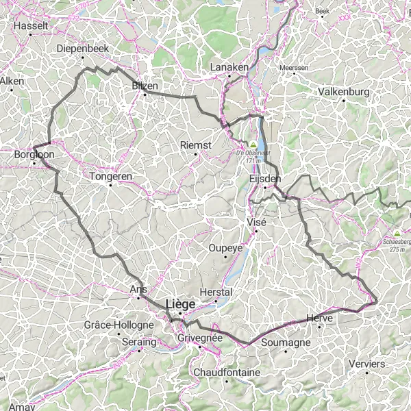 Karten-Miniaturansicht der Radinspiration "Die Runde um Clermont und Umgebung" in Prov. Liège, Belgium. Erstellt vom Tarmacs.app-Routenplaner für Radtouren