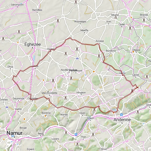 Miniature de la carte de l'inspiration cycliste "La Boucle Gravel autour de Couthuin" dans la Prov. Liège, Belgium. Générée par le planificateur d'itinéraire cycliste Tarmacs.app