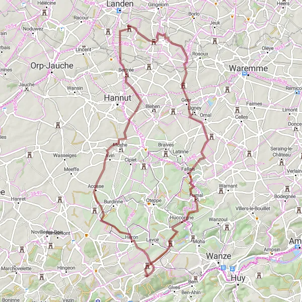 Miniature de la carte de l'inspiration cycliste "La boucle de gravel d'Acosse à Huccorgne" dans la Prov. Liège, Belgium. Générée par le planificateur d'itinéraire cycliste Tarmacs.app