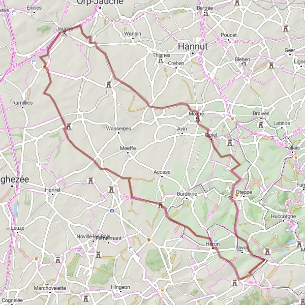 Miniature de la carte de l'inspiration cycliste "Le tour de gravel de Hemptinne à Moulin de Ferrières" dans la Prov. Liège, Belgium. Générée par le planificateur d'itinéraire cycliste Tarmacs.app