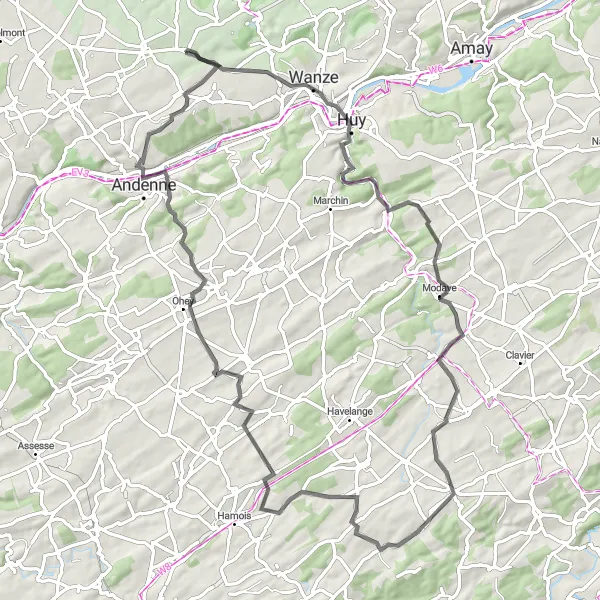 Miniature de la carte de l'inspiration cycliste "Le Tour des Fermes et des Moulins près de Couthuin" dans la Prov. Liège, Belgium. Générée par le planificateur d'itinéraire cycliste Tarmacs.app