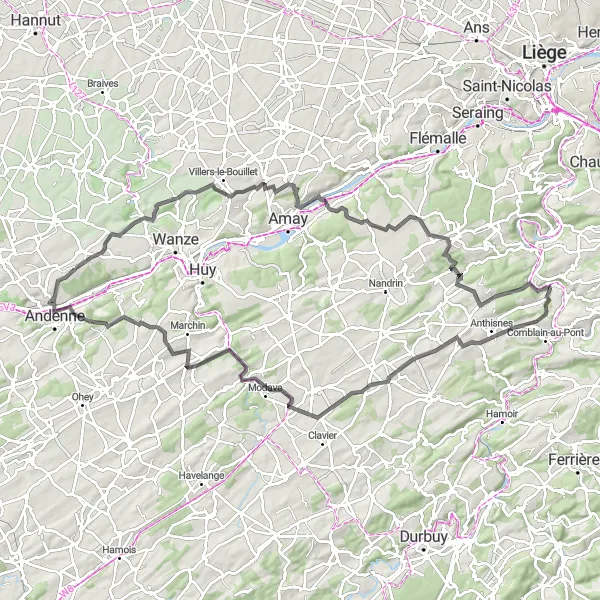 Karten-Miniaturansicht der Radinspiration "Abenteuerliche Gravelroute um Couthuin" in Prov. Liège, Belgium. Erstellt vom Tarmacs.app-Routenplaner für Radtouren