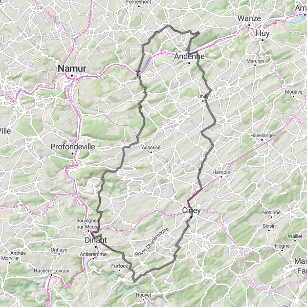 Karten-Miniaturansicht der Radinspiration "Historische Tour nach Vêves" in Prov. Liège, Belgium. Erstellt vom Tarmacs.app-Routenplaner für Radtouren