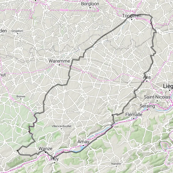 Miniature de la carte de l'inspiration cycliste "La Route des Villages et Châteaux autour de Couthuin" dans la Prov. Liège, Belgium. Générée par le planificateur d'itinéraire cycliste Tarmacs.app
