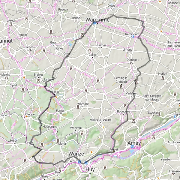 Miniature de la carte de l'inspiration cycliste "La Route des Châteaux de la région de Couthuin" dans la Prov. Liège, Belgium. Générée par le planificateur d'itinéraire cycliste Tarmacs.app