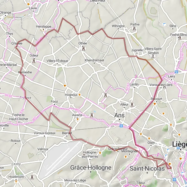 Miniature de la carte de l'inspiration cycliste "Parcours de gravel de Juprelle à Crisnée" dans la Prov. Liège, Belgium. Générée par le planificateur d'itinéraire cycliste Tarmacs.app