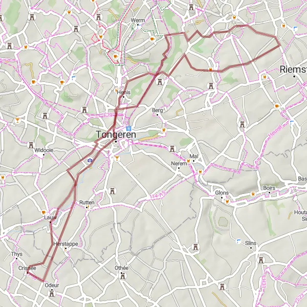 Karten-Miniaturansicht der Radinspiration "Gravelroute durch Crisnée und Umgebung" in Prov. Liège, Belgium. Erstellt vom Tarmacs.app-Routenplaner für Radtouren