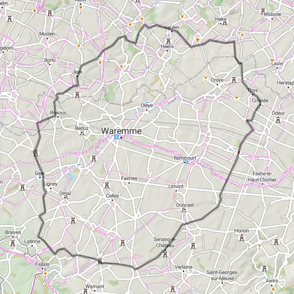 Karten-Miniaturansicht der Radinspiration "Rundtour von Crisnée nach Veulen" in Prov. Liège, Belgium. Erstellt vom Tarmacs.app-Routenplaner für Radtouren