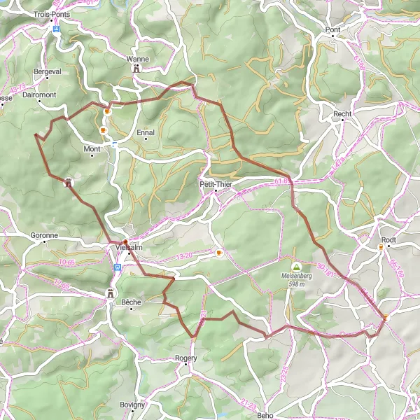 Map miniature of "Commanster Gravel Cycling Route" cycling inspiration in Prov. Liège, Belgium. Generated by Tarmacs.app cycling route planner