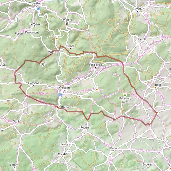 Miniatuurkaart van de fietsinspiratie "Avontuurlijke tocht door Commanster en Grand-Halleux" in Prov. Liège, Belgium. Gemaakt door de Tarmacs.app fietsrouteplanner