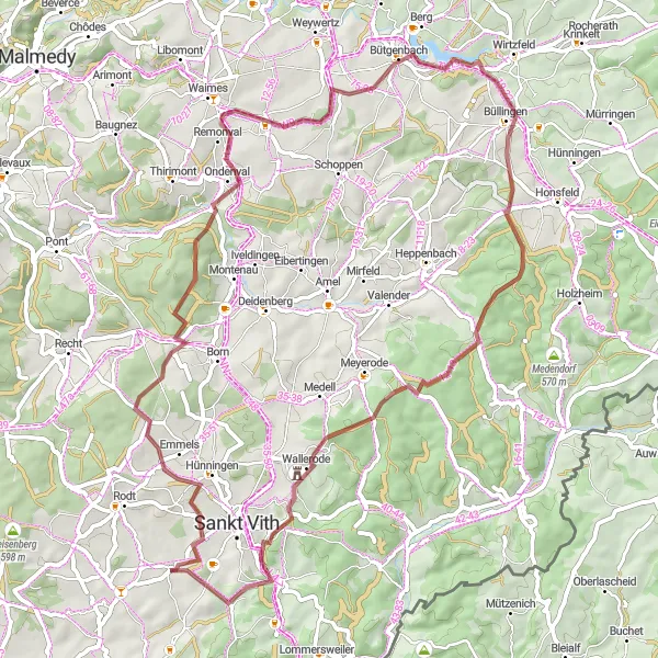 Map miniature of "Emmels-Neundorf Gravel Cycling Route" cycling inspiration in Prov. Liège, Belgium. Generated by Tarmacs.app cycling route planner