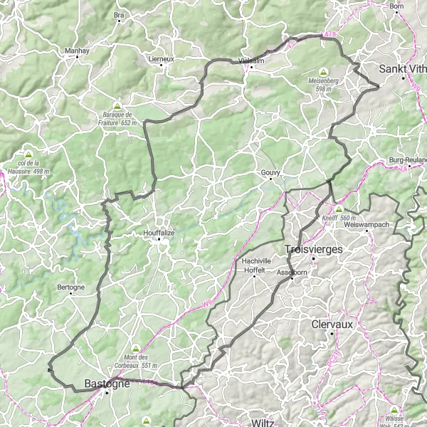 Miniatuurkaart van de fietsinspiratie "Verkenning van Bastogne en Wibrin" in Prov. Liège, Belgium. Gemaakt door de Tarmacs.app fietsrouteplanner