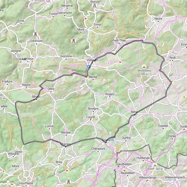 Miniatuurkaart van de fietsinspiratie "Verkenning van Cherain en Ville-du-Bois" in Prov. Liège, Belgium. Gemaakt door de Tarmacs.app fietsrouteplanner