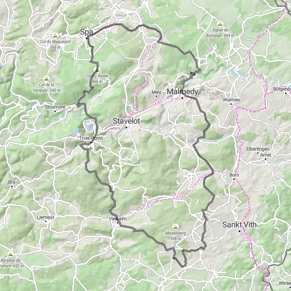 Map miniature of "Crombach-Hockai Road Cycling Route" cycling inspiration in Prov. Liège, Belgium. Generated by Tarmacs.app cycling route planner