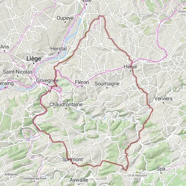 Miniatuurkaart van de fietsinspiratie "Avontuurlijke gravelroute naar Sprimont via Juslenville" in Prov. Liège, Belgium. Gemaakt door de Tarmacs.app fietsrouteplanner