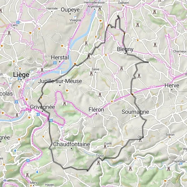 Map miniature of "Blegny and Saint-Remy Loop" cycling inspiration in Prov. Liège, Belgium. Generated by Tarmacs.app cycling route planner