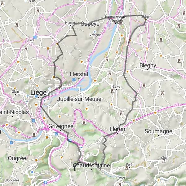 Map miniature of "Terrils and Castles" cycling inspiration in Prov. Liège, Belgium. Generated by Tarmacs.app cycling route planner