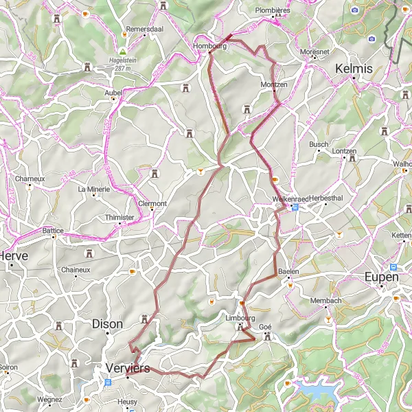 Miniature de la carte de l'inspiration cycliste "Aventure pittoresque de 45 km autour de Dison" dans la Prov. Liège, Belgium. Générée par le planificateur d'itinéraire cycliste Tarmacs.app