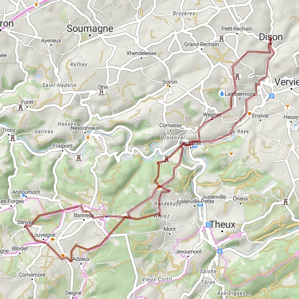 Miniature de la carte de l'inspiration cycliste "Parcours pittoresque de 40 km autour de Dison" dans la Prov. Liège, Belgium. Générée par le planificateur d'itinéraire cycliste Tarmacs.app