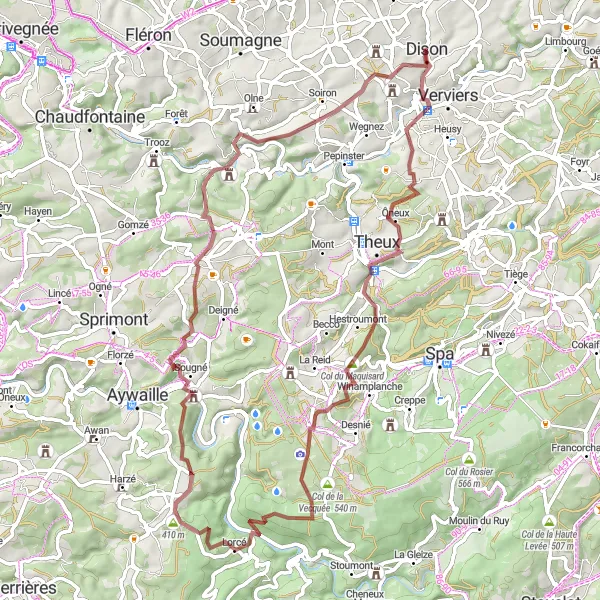 Miniature de la carte de l'inspiration cycliste "Défi de 69 km autour de Dison" dans la Prov. Liège, Belgium. Générée par le planificateur d'itinéraire cycliste Tarmacs.app