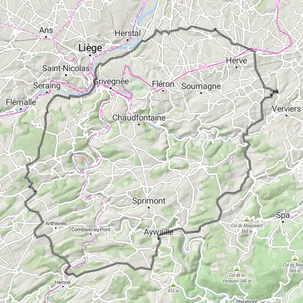 Miniature de la carte de l'inspiration cycliste "Les Vallées de l'Est" dans la Prov. Liège, Belgium. Générée par le planificateur d'itinéraire cycliste Tarmacs.app