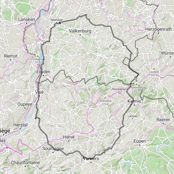 Miniature de la carte de l'inspiration cycliste "Entre Vallées et Collines" dans la Prov. Liège, Belgium. Générée par le planificateur d'itinéraire cycliste Tarmacs.app